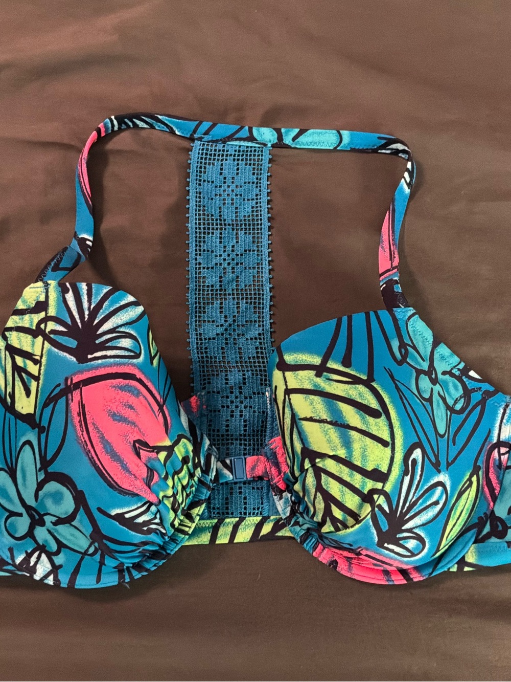 aerie Teal Tropical Print Push-Up Bikini Top with Pink & Lime Accents